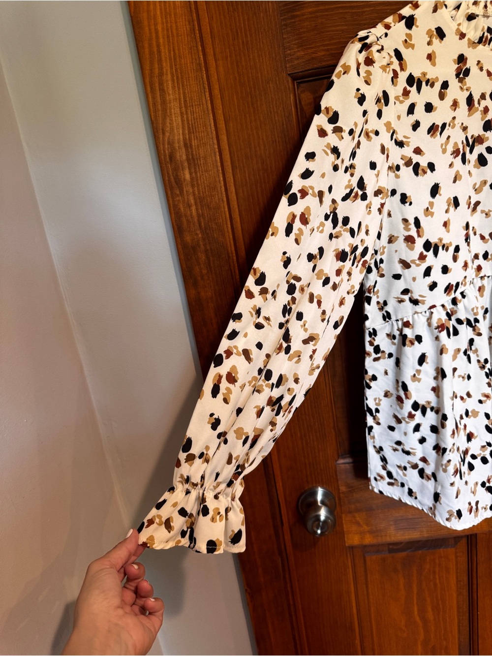 8B. Amazon Cream Ditsy Floral Peplum Blouse with Brown & Black Spots - Picture 3 of 8